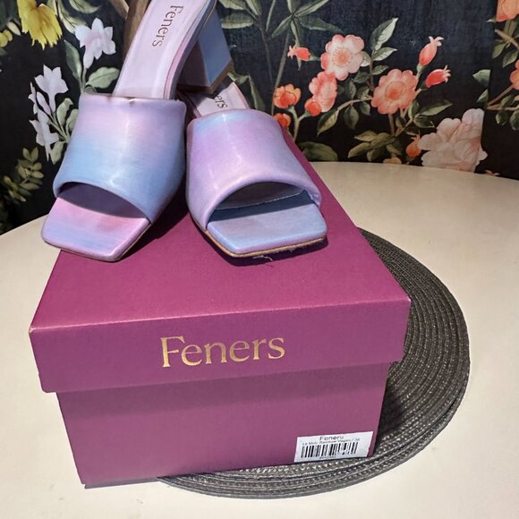 Feners Heels Mules Sandals Rainbow Le Mule Vegan Iridescent Blue Purple Y2K - Picture 3 of 4